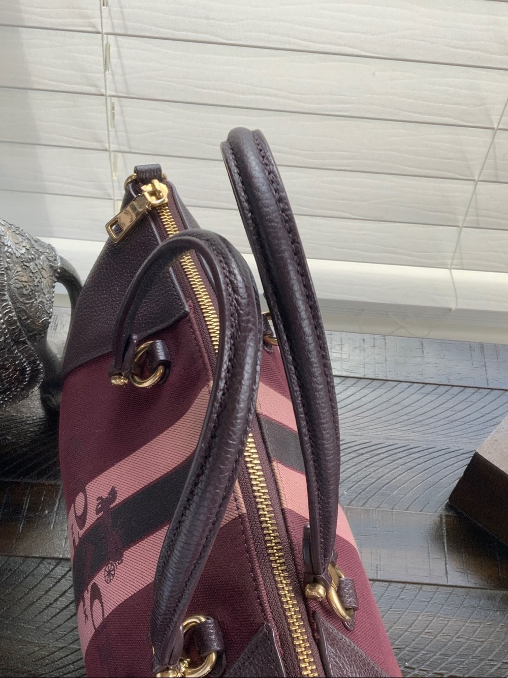 Coach Burgundy and Pink Stripe Satchel with Gold Hardware - Picture 5 of 8